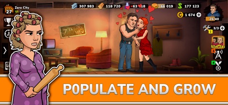 Zero City: Zombie Shelter Game - This visual explores the unique survivor relationships and the implied population growth mechanics, showcasing the social dynamics within the shelter.