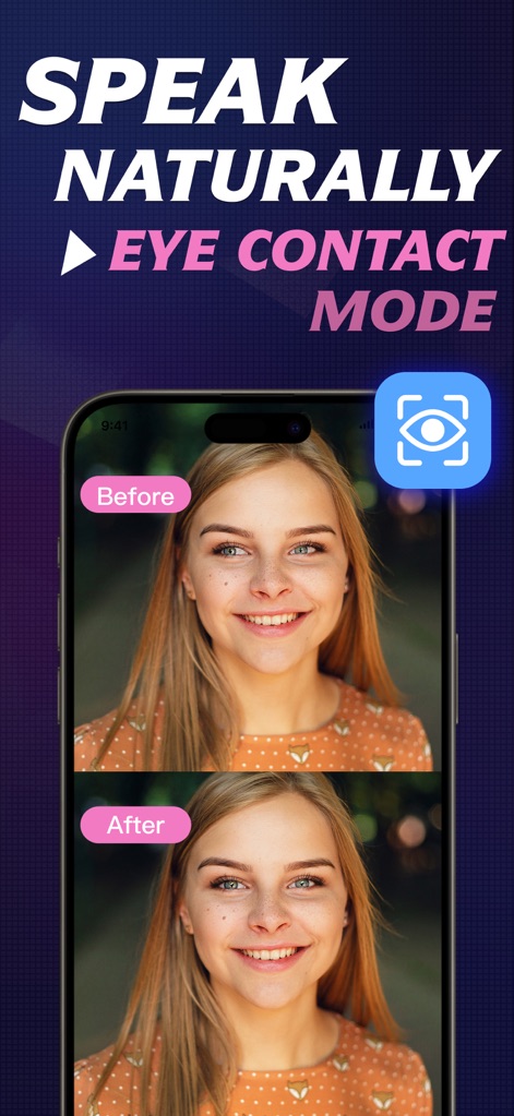 Teleprompter: Video Record AI - Explore the innovative 'Eye Contact Mode' with its clear 'Before' and 'After' views, ensuring users maintain a natural and direct gaze toward the camera.