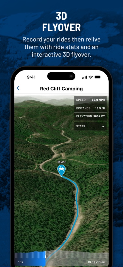 Polaris® - 라이딩 기록을 바탕으로 이 앱은 사용자가 경험한 경로를 3D로 생생하게 재현하여, 주행 속도와 총 이동 거리를 포함한 상세한 주행 통계를 시각적으로 검토할 수 있도록 합니다.