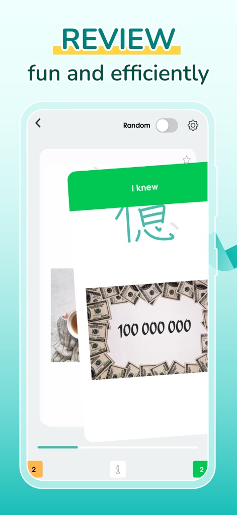 Migii JLPT: JLPT test N5-N1 - Users can review efficiently with interactive flashcard-style exercises and customize their learning sessions using the "Random" mode for diverse practice.