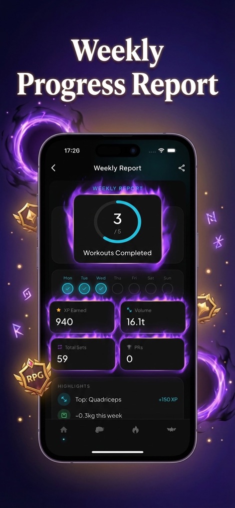 GymLevels: Ranked Gym Workouts - Discover comprehensive weekly progress reports, highlighting 'Workouts Completed' and total 'XP Earned' for a clear performance overview.