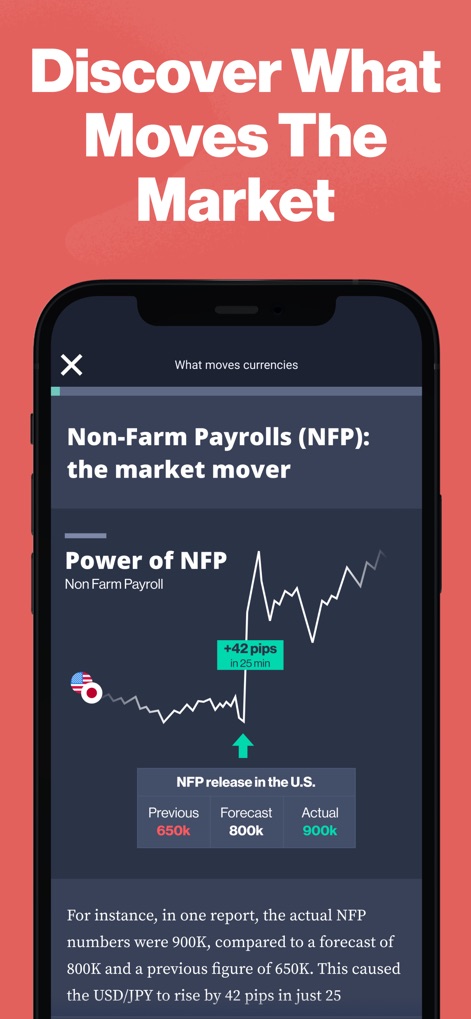 Forex Trading School & Game - Gli utenti possono scoprire come eventi economici, come i **Non-Farm Payrolls**, influenzano il mercato, con grafici che mostrano il **movimento dei pips** in risposta ai dati.