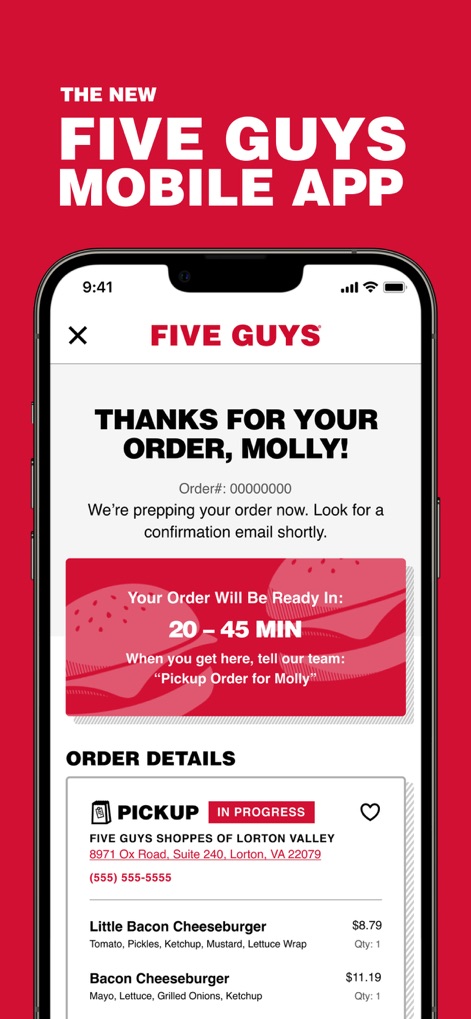 Five Guys Burgers & Fries - Nach einer erfolgreichen Bestellung sehen Nutzer eine klare Bestätigungsmeldung und die geschätzte Abholzeit, die ihnen genau mitteilt, wann ihre Five Guys Favoriten abholbereit sind.