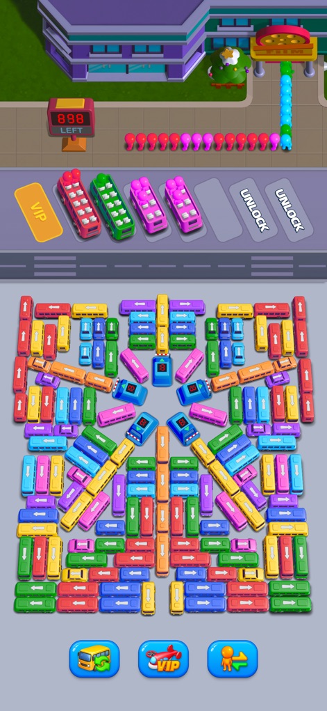 Bus Go - Car Jam,Bus Games - Explore enhanced options, including the prominent "VIP" labelled parking spot, alongside the continuous challenge tracked by the "888 LEFT" counter.