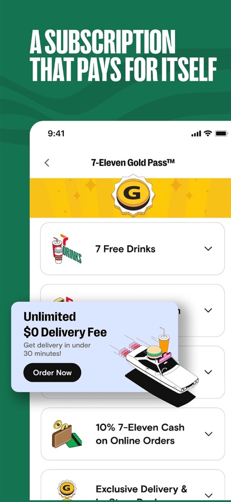 7NOW: Food & Drinks Delivery - The Gold Pass benefits are clearly displayed, featuring incentives like 'Unlimited $0 Delivery Fee' and demonstrating enhanced '10% 7-Eleven Cash' on online orders.
