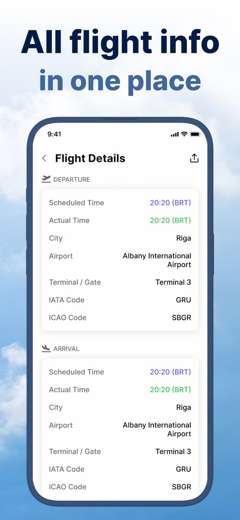 FlightSky: Flight Tracker - Esta seção consolida todas as informações essenciais de um voo, mostrando horários agendados e reais de partida e chegada, além dos códigos IATA e ICAO para o aeroporto de Riga.