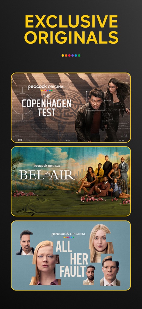 Peacock TV: Stream TV & Movies - Users can explore a curated selection of exclusive Peacock Originals, highlighted by vibrant posters for 'The Copenhagen Test' and 'Bel-Air'.