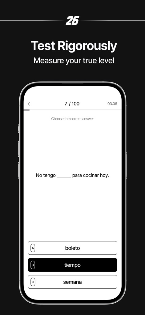 26s: Visual Spanish Vocabulary - L'application évalue la compréhension des utilisateurs via un quiz à choix multiples avec un minuteur "03:06", offrant un moyen rigoureux de mesurer les progrès et de renforcer les acquis linguistiques.