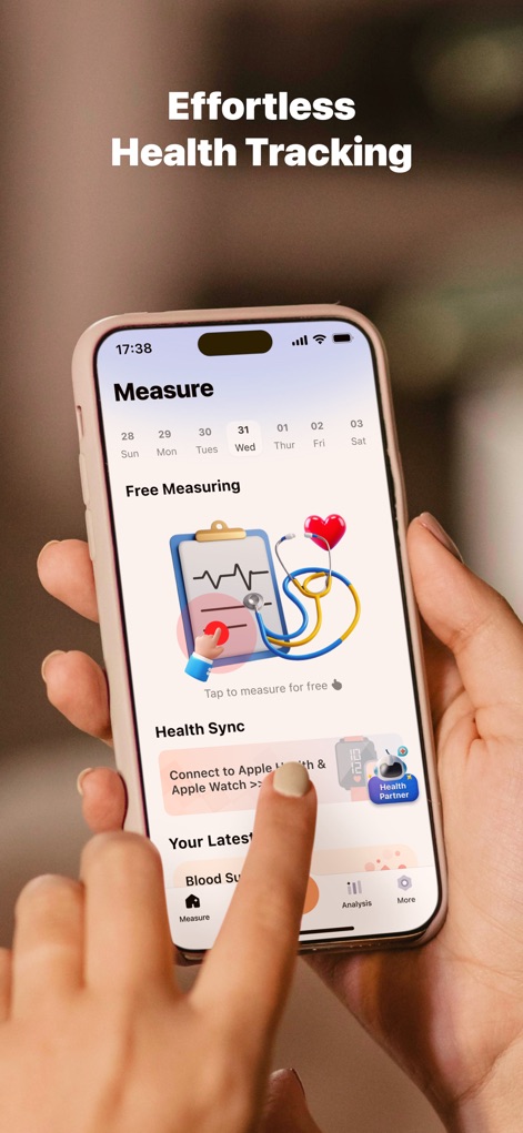 Health Partner: Pulse & Sugar - The app provides an intuitive entry point to health monitoring, featuring a clear "Free Measuring" option and immediate prompts for "Apple Health & Apple Watch" synchronization.