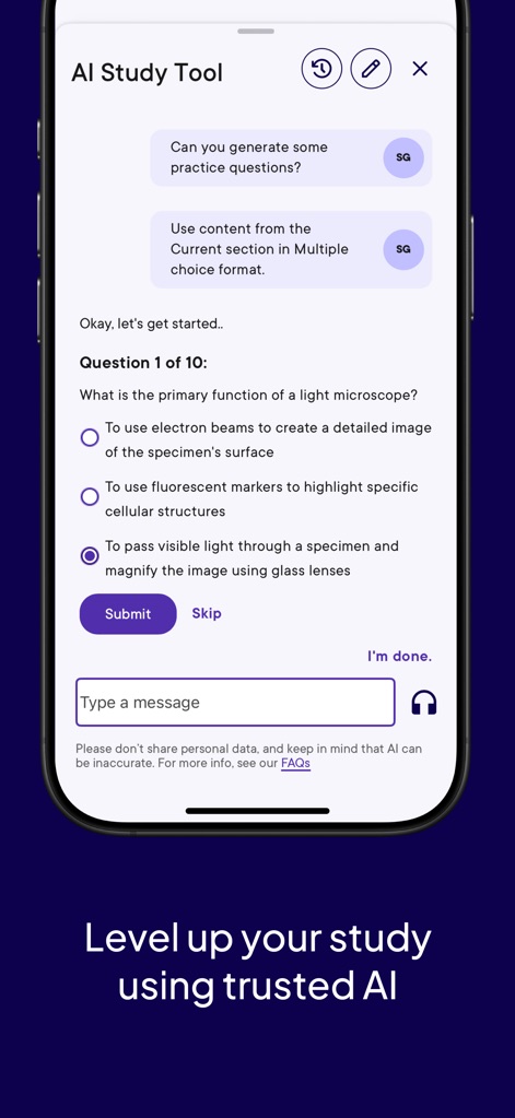 Pearson+ | Study Prep & eTexts - The integrated 'AI Study Tool' allows users to generate practice questions based on their course material, providing multiple-choice format options for focused review.