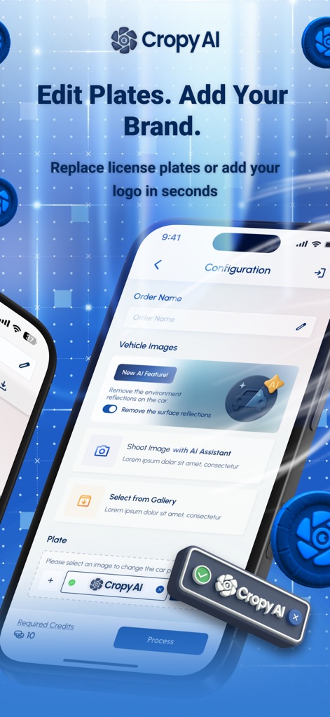 Cropy AI: Car Studio - L'outil permet de modifier les plaques d'immatriculation et d'intégrer le logo du concessionnaire pour une image de marque cohérente et professionnelle.