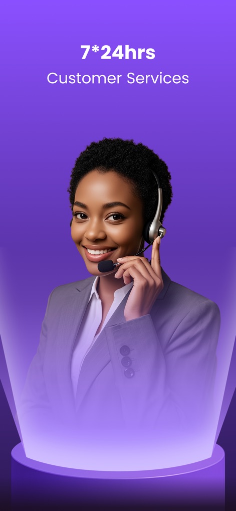 PalmPay - Transfers, Bills - The app emphasizes comprehensive assistance with a friendly customer service representative portrait and the promise of "7*24hrs Customer Services".