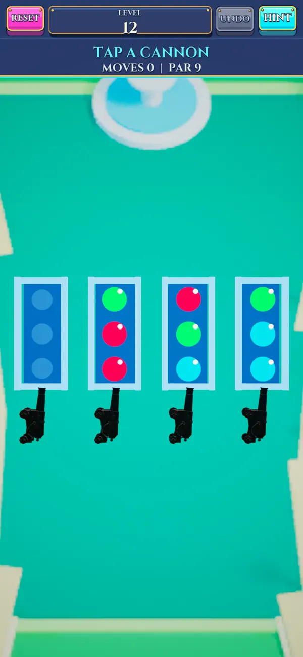 Cannon Sort level 12 with red, green and blue cannonballs and an empty cannon