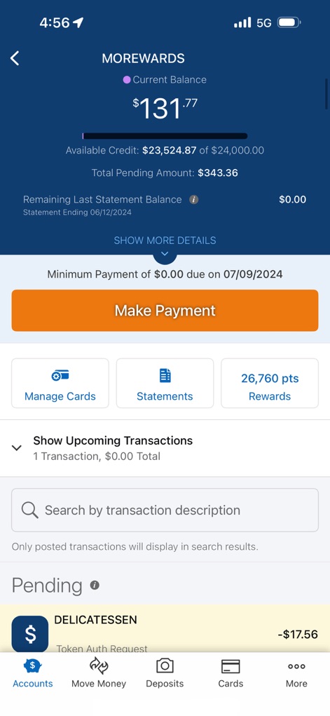 Navy Federal Credit Union - Users can monitor their MOREWARDS balance and available credit, alongside an intuitive 'Make Payment' button and a searchable transaction history.