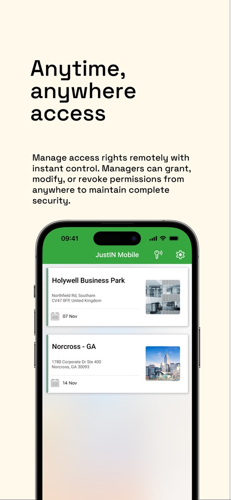 JustIN Mobile - Users can observe the app's ability to display a list of multiple accessible locations such as 'Holywell Business Park' and 'Norcross - GA', alongside remote management icons for comprehensive control.