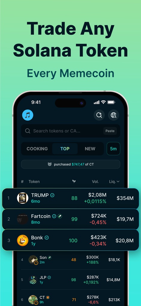 Jupiter Mobile - Solana Wallet - The app enables trading of any Solana token, including various memecoins, as evidenced by the comprehensive list of tokens with associated volumes and liquidity metrics.