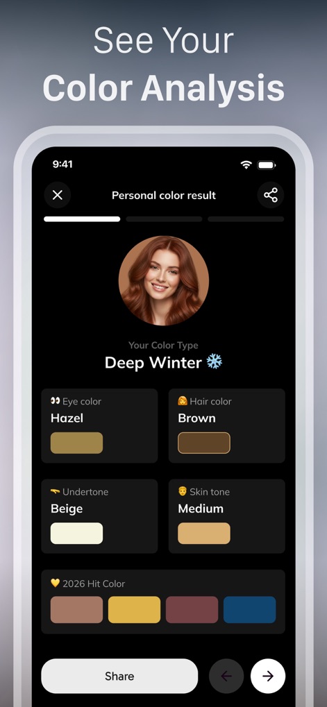 HairApp: AI Hairstyle Try On - Cet affichage révèle une analyse chromatique complète, identifiant le type de couleur (Hiver Profond) et la couleur des yeux (Noisette).