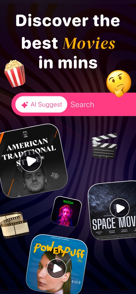 Streamex : Movies & TV Shows - The app's AI Suggest feature helps users discover new content, showcasing diverse movie poster cards and interactive play buttons.