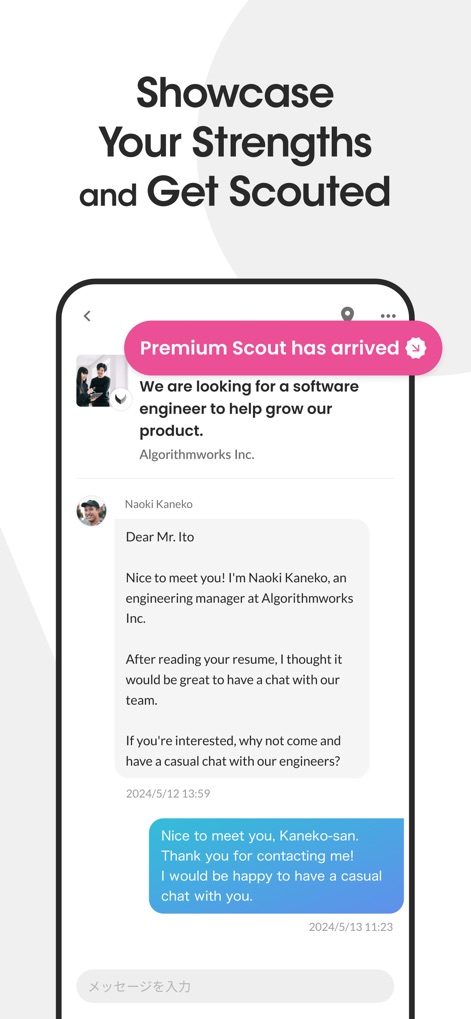Wantedly - Los usuarios interactúan directamente con reclutadores a través de una función de chat, permitiendo conversaciones fluidas, y pueden recibir notificaciones como 'Premium Scout ha llegado' para oportunidades destacadas.