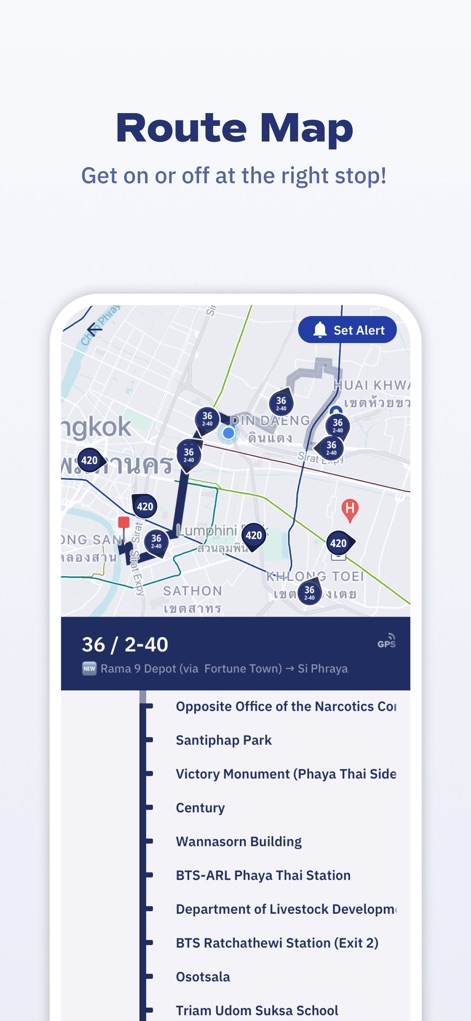 ViaBus - This view displays a comprehensive list of route stops for specific lines and offers the convenient "Set Alert" feature for timely notifications.
