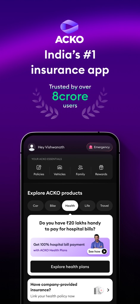 ACKO Insurance - The app's intuitive dashboard showcases 'ACKO Essentials' like Policies and Vehicles, alongside a clear categorization for 'Explore ACKO products' such as Car, Bike, and Health insurance.