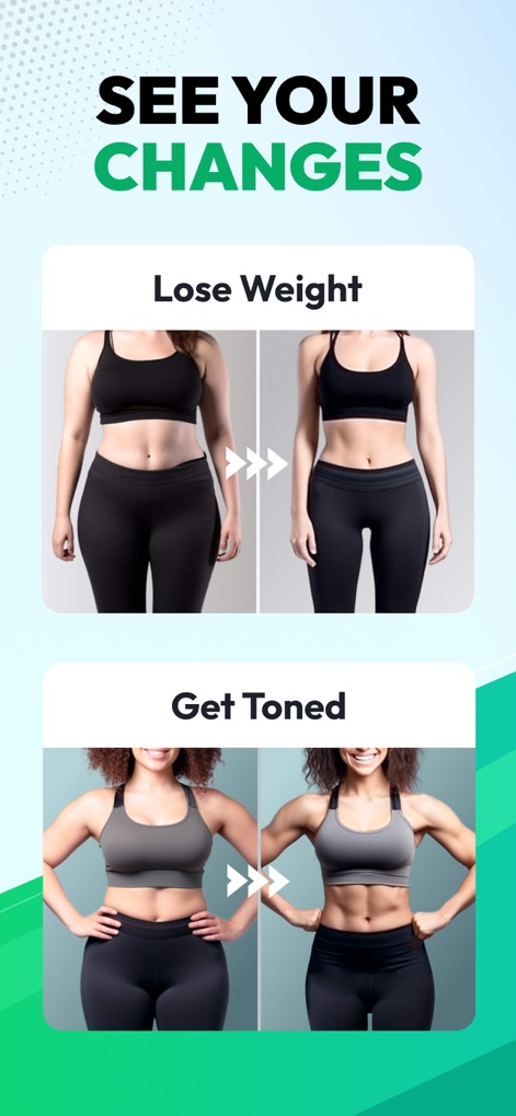 30 Day Fitness at Home - ユーザーは「体重減少」と「引き締まった体」のビフォーアフター画像を比較することで、自身のフィットネス成果を明確に確認し、モチベーションを維持できます。