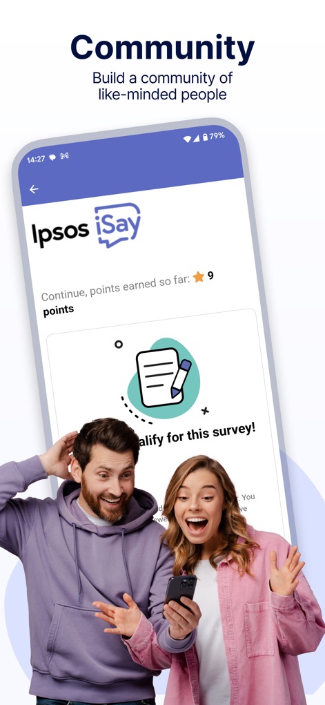 Ipsos iSay: Take Paid Surveys - L'app crea una comunità di persone con interessi simili, come evidenziato dalla coppia che interagisce con lo smartphone e l'icona della 'penna' che invita a qualificarsi per un sondaggio.