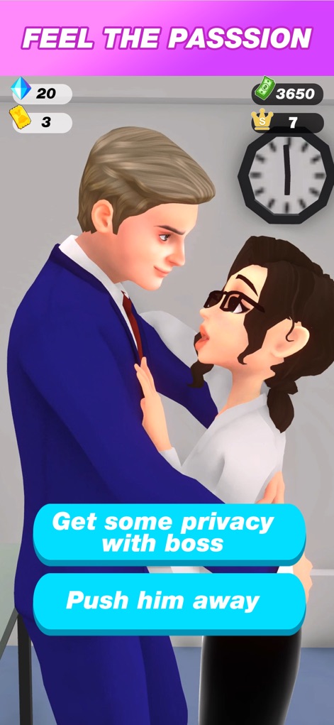 Become Office Queen - The app showcases intense character interactions, allowing players to select their response to an intimate moment with their boss using direct action choices.