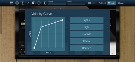 KORG Module - Dieses Fenster visualisiert die Anpassung der Anschlagsdynamik über ein interaktives Diagramm, das Nutzern ermöglicht, die Empfindlichkeit der Tasten zwischen verschiedenen Voreinstellungen wie "Light" und "Heavy" zu justieren.