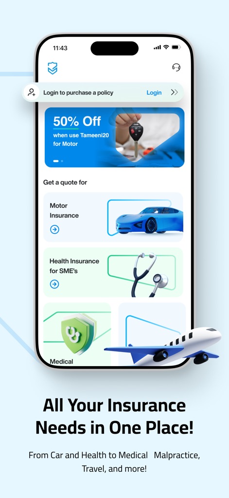 Tameeni | تأميني - The app's central dashboard presents a comprehensive range of insurance options like Motor and Health for SME's, alongside prominent promotional offers for users.