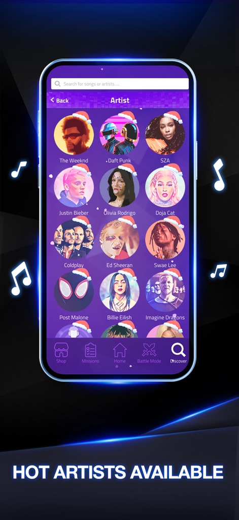 Magic Tiles 3: Piano Game - Users can browse a rich catalog of popular musicians like The Weeknd and Olivia Rodrigo, easily navigable through the dedicated artist profiles.