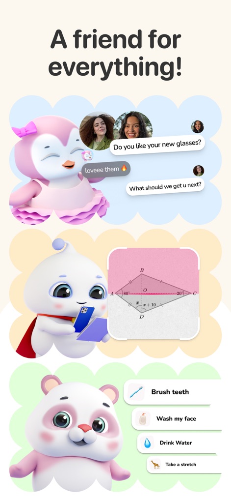 Friends – Pengu, Bao & Mellow - This visual demonstrates the companions' versatility through Pengu's interactive chat bubbles and Bao's practical habit checklist, showcasing broad support.