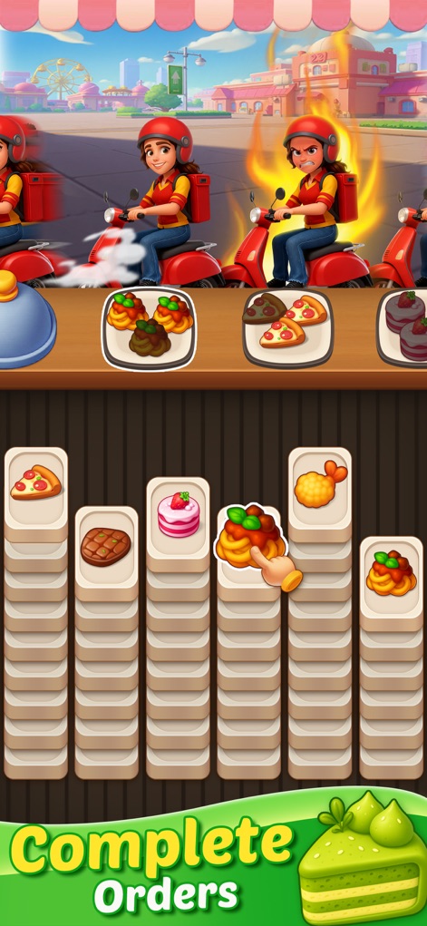 Food Sort: Puzzle Game - Esta captura destaca la acción de los repartidores en patinetes listos para la entrega, mostrando cómo se deben completar los platos de comida en la parte superior del mostrador para cumplir con los pedidos.