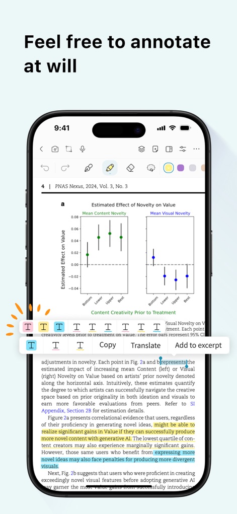 StarNote: Handwriting&PDF - The app provides advanced PDF annotation capabilities, allowing users to effortlessly select text for highlighting and access a contextual menu for 'Translate' or 'Add to excerpt' actions.
