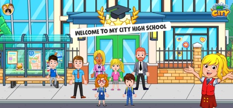 My City : High school - A imagem destaca a fachada moderna da escola e um grupo de novos personagens em frente à parada de ônibus, convidando à exploração.