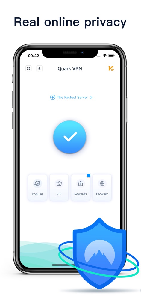 Speedy Quark VPN - VPN Proxy - Witness how the app provides clear visual confirmation of an active, private connection with a prominent checkmark and a strong privacy shield emblem.