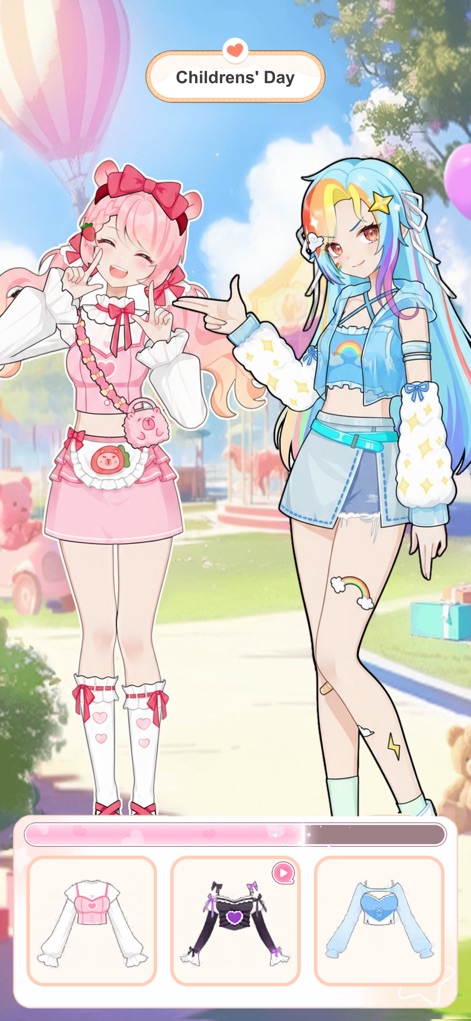 Love Idol: Beauty Dress Up - This scene depicts two stylish idols in an outdoor setting, one adorned in a cute pink outfit and the other with striking rainbow hair, illustrating diverse character creation and scene options.
