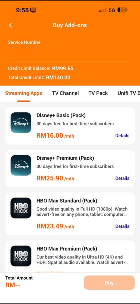 Unifi UniVerse - La aplicación permite añadir suscripciones de entretenimiento como "Disney+ Basic (Pack)" o "HBO Max Standard (Pack)", enriqueciendo la oferta de servicios de los usuarios.