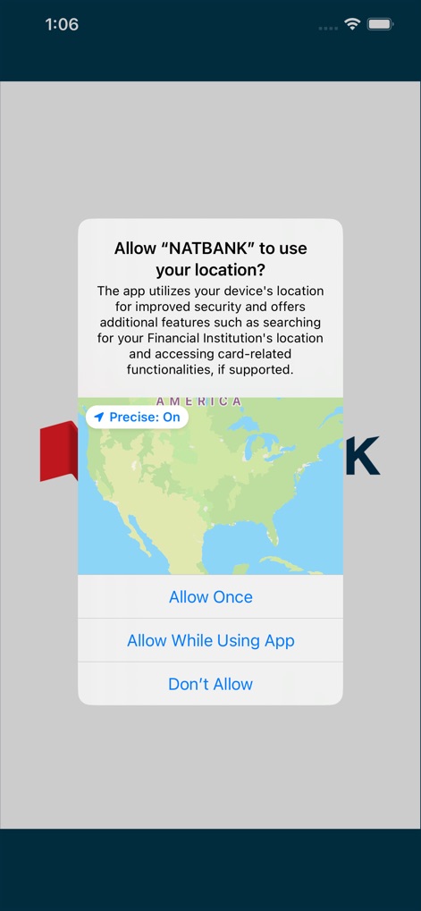 Natbank Mobile Banking - The app proactively manages user privacy by requesting location permissions with a clear visual map, providing explicit options to "Allow Once" or "Allow While Using App".
