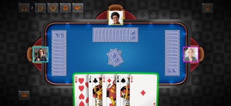 Murlan Pro - Questo screenshot evidenzia il design del tavolo da gioco blu e una scala di carte composta da 10, J, K, Q, A nella mano del giocatore.