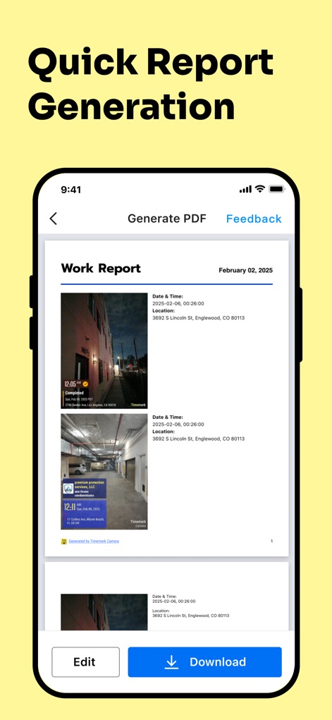 Timemark: #1 Job Photo App - La herramienta permite generar informes profesionales en PDF que incluyen varias fotos con sus metadatos detallados, como la fecha y hora de registro, ofreciendo una solución de documentación completa y rápida.