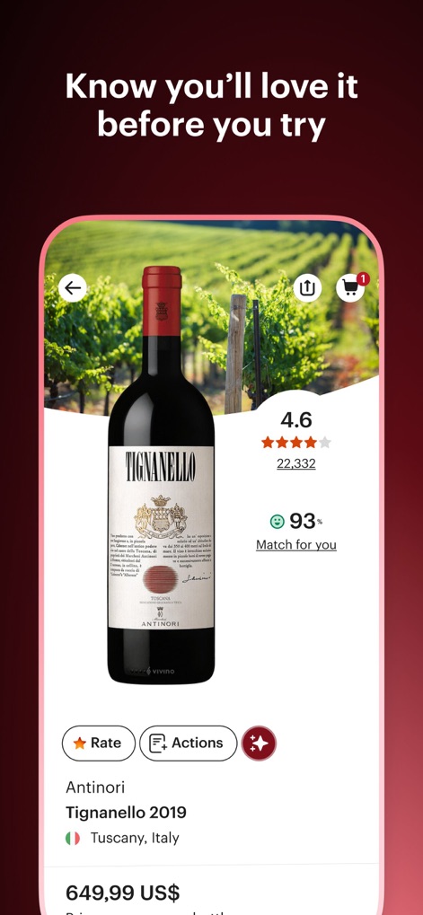 Vivino: Drink The Right Wine - The app provides a detailed view of specific wines, including professional ratings and a unique "Match for you" score based on user preferences.