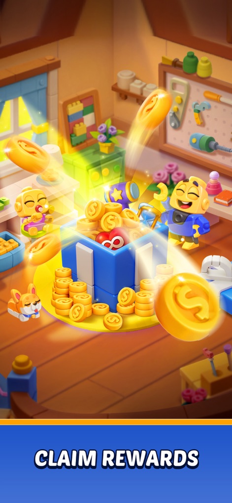 Color Block: Jam Puzzle 3D - Cette vue illustre la satisfaction de gagner des pièces d'or brillantes et un personnage exubérant qui célèbre les succès de l'utilisateur.