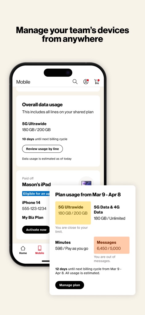 My Verizon For Business - Os usuários podem visualizar o "Uso geral de dados" da equipe e detalhes específicos do "Uso do plano" por dispositivo, garantindo controle total sobre o consumo.