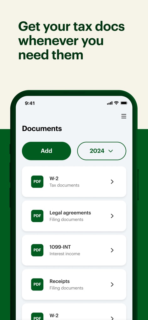 MyBlock: Tax Docs & Refund - The app serves as an organized document hub, allowing users to access various tax documents like 'W-2' and '1099-INT' with an easy-to-use year filter.