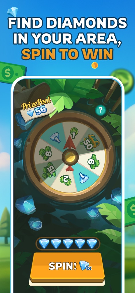 ATLAS:EARTH - Fun Cashback - Découvrez le mécanisme ludique de la roue de la fortune, qui offre aux joueurs des "PrizePool" de diamants et d'autres récompenses via le bouton "SPIN!" pour une expérience interactive.