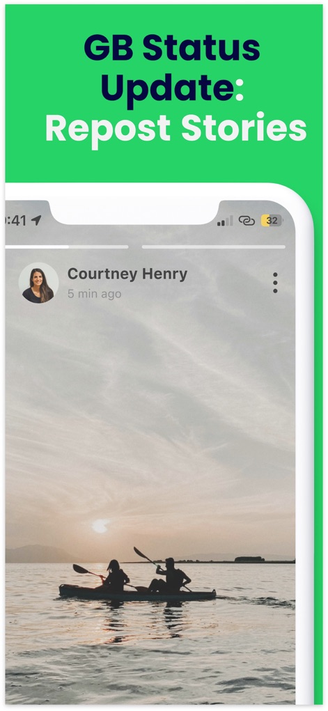 Gb Dual Messenger・Duo Web Chat - 本画面には、フルスクリーンで表示される魅力的なストーリーコンテンツと、既存のストーリーを簡単にシェアできる「GB Status Update: Repost Stories」という機能のタイトルが視覚的に提示されています。