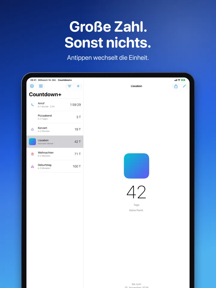Countdown+ auf dem iPad, Bildschirmfoto 3