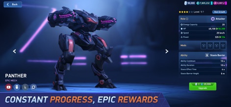 Mech Arena - Shooting Game - Explore comprehensive mech customization, including a detailed stat breakdown for the 'Panther' mech and its powerful 'Stasis Barrier' special ability.
