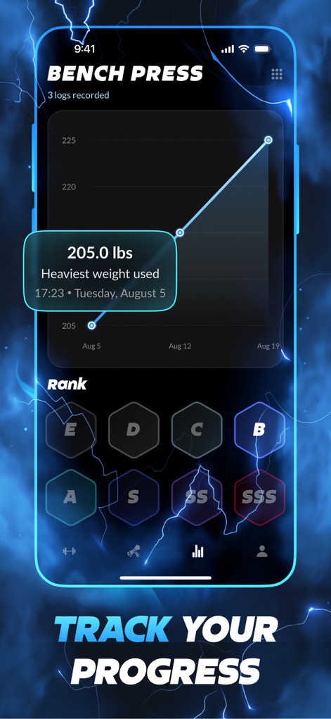 Arise: Level Up In Real Life - The app offers a visual progress graph to track performance, such as "Bench Press" weight over time, complemented by an exercise-specific ranking system.